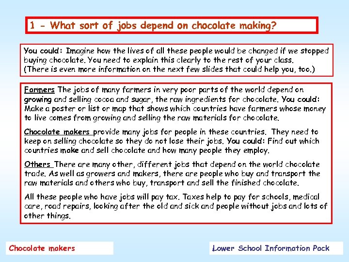 1 - What sort of jobs depend on chocolate making? You could: Imagine how