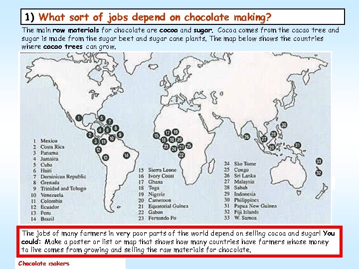 1) What sort of jobs depend on chocolate making? The main raw materials for