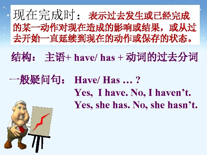 现在完成时：表示过去发生或已经完成 的某一动作对现在造成的影响或结果，或从过 去开始一直延续到现在的动作或保存的状态。 结构： 主语+ have/ has + 动词的过去分词 一般疑问句： Have/ Has … ?