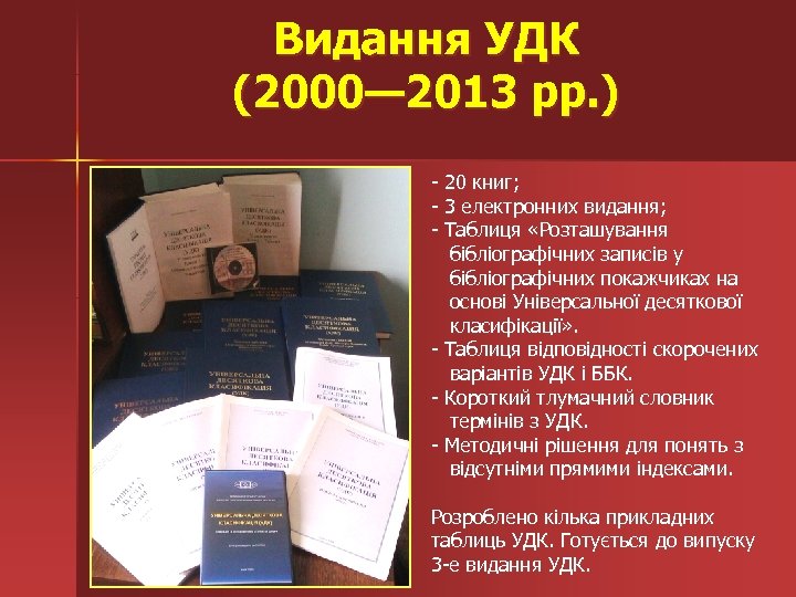Видання УДК (2000— 2013 рр. ) - 20 книг; - 3 електронних видання; -