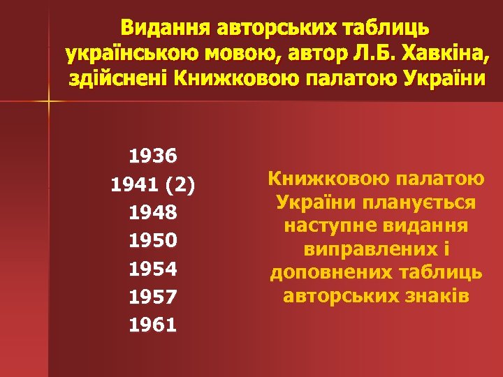 1936 1941 (2) 1948 1950 1954 1957 1961 Книжковою палатою України планується наступне видання