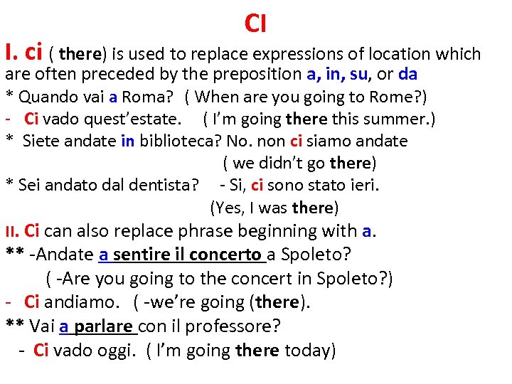 CI I. ci ( there) is used to replace expressions of location which are