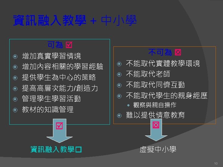 資訊融入教學 + 中小學 可為 增加真實學習情境 增加內容相關的學習經驗 提供學生為中心的策略 提高高層次能力/創造力 管理學生學習活動 教材的知識管理 資訊融入教學 不可為 不能取代實體教學環境 不能取代老師