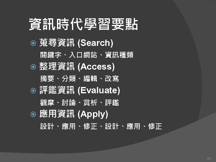 資訊時代學習要點 蒐尋資訊 (Search) 關鍵字、入口網站、資訊種類 整理資訊 (Access) 摘要、分類、編輯、改寫 評鑑資訊 (Evaluate) 觀摩、討論、賞析、評鑑 應用資訊 (Apply) 設計、應用、修正、設計、應用、修正 23