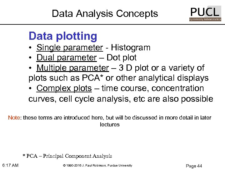 Data Analysis Concepts Data plotting • Single parameter - Histogram • Dual parameter –