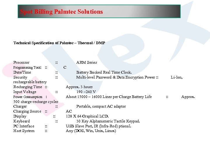 Spot Billing Palmtec Solutions Technical Specification of Palmtec – Thermal / DMP Processor Programming