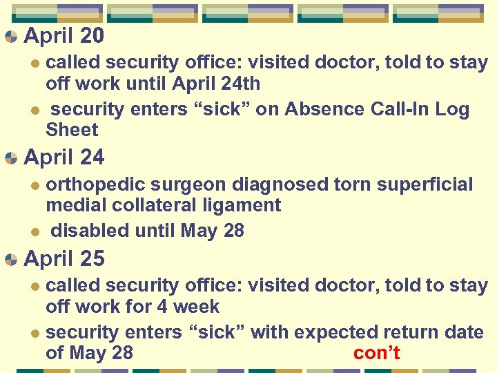 April 20 called security office: visited doctor, told to stay off work until April