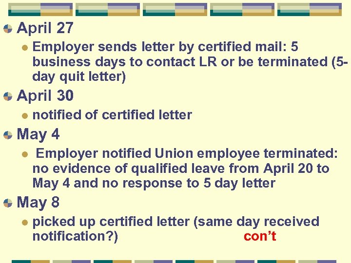 April 27 l Employer sends letter by certified mail: 5 business days to contact