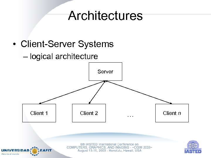 Architectures • Client-Server Systems – logical architecture Server Client 1 Client 2 … Client