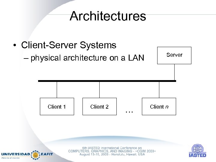 Architectures • Client-Server Systems – physical architecture on a LAN Client 1 Client 2