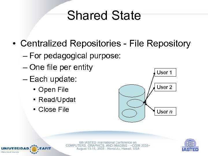 Shared State • Centralized Repositories - File Repository – For pedagogical purpose: – One