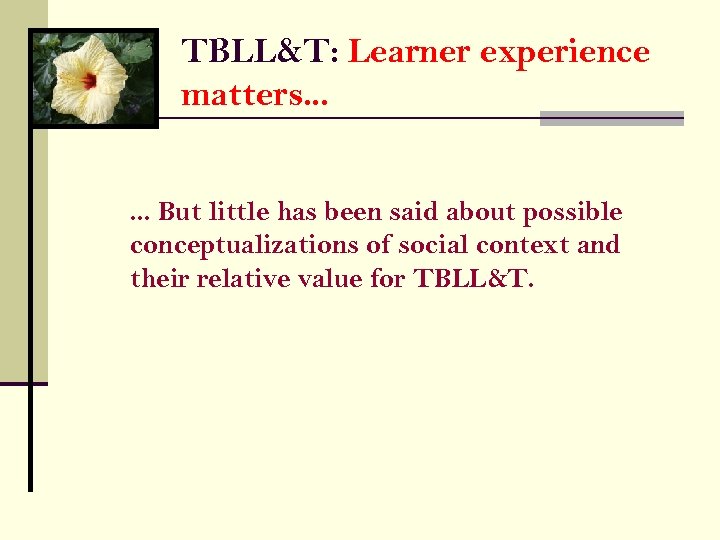 TBLL&T: Learner experience matters. . . But little has been said about possible conceptualizations