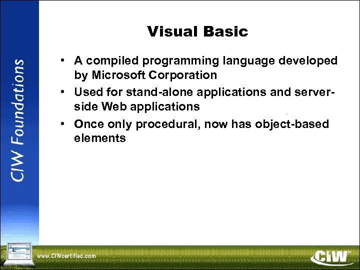Visual Basic • A compiled programming language developed by Microsoft Corporation • Used for