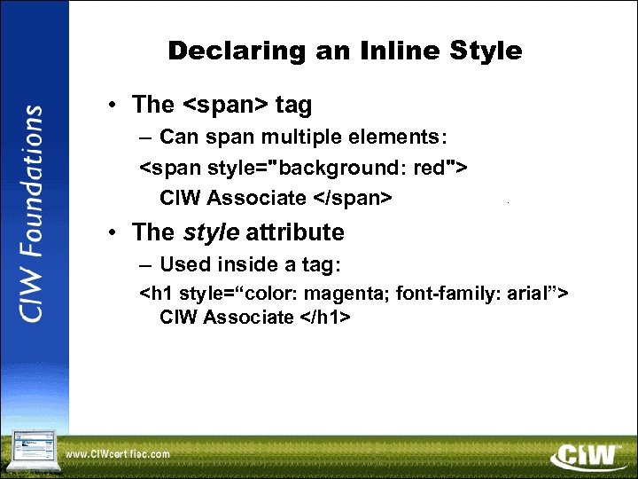 Declaring an Inline Style • The <span> tag – Can span multiple elements: <span