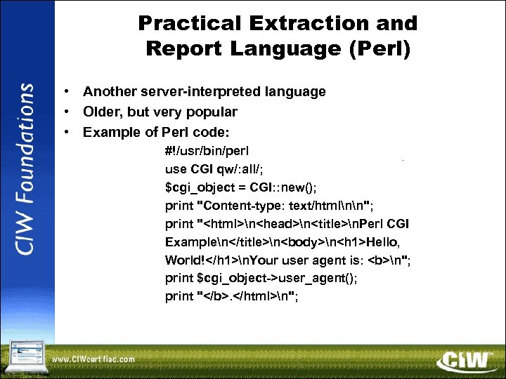 Practical Extraction and Report Language (Perl) • Another server-interpreted language • Older, but very