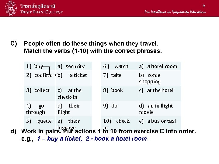 9 C) People often do these things when they travel. Match the verbs (1