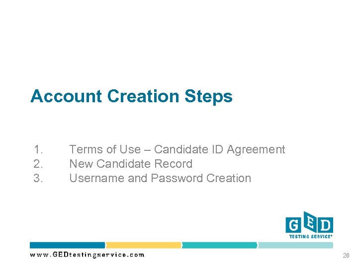 Account Creation Steps 1. 2. 3. Terms of Use – Candidate ID Agreement New