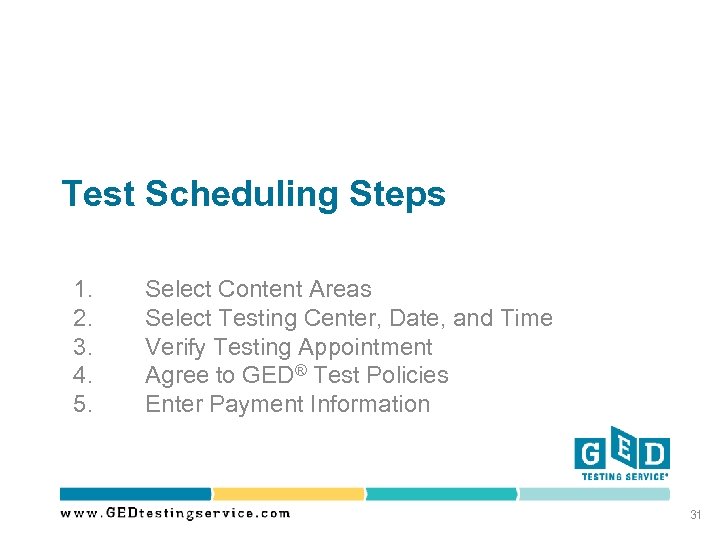 Test Scheduling Steps 1. 2. 3. 4. 5. Select Content Areas Select Testing Center,