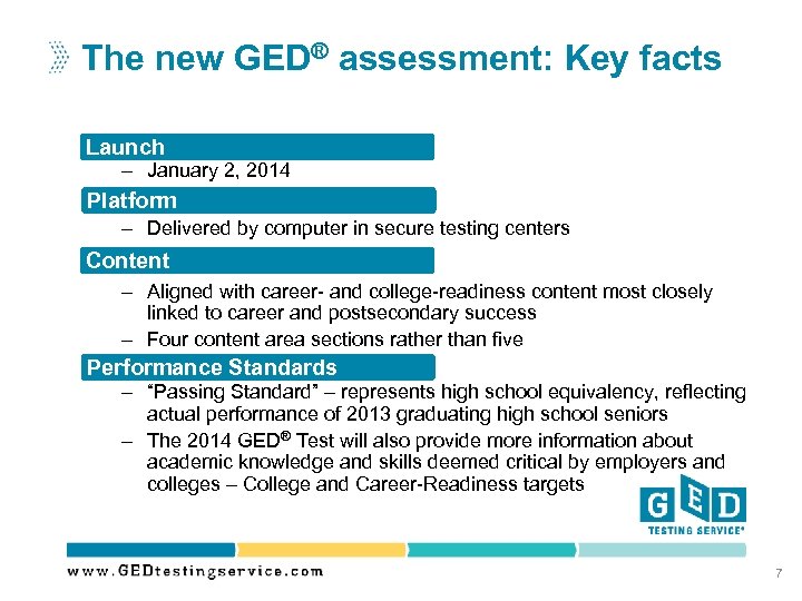 The new GED® assessment: Key facts • Launch LAUNCH: – January 2, 2014 Platform