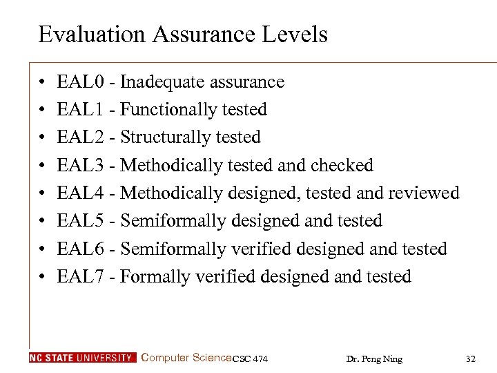Evaluation Assurance Levels • • EAL 0 - Inadequate assurance EAL 1 - Functionally