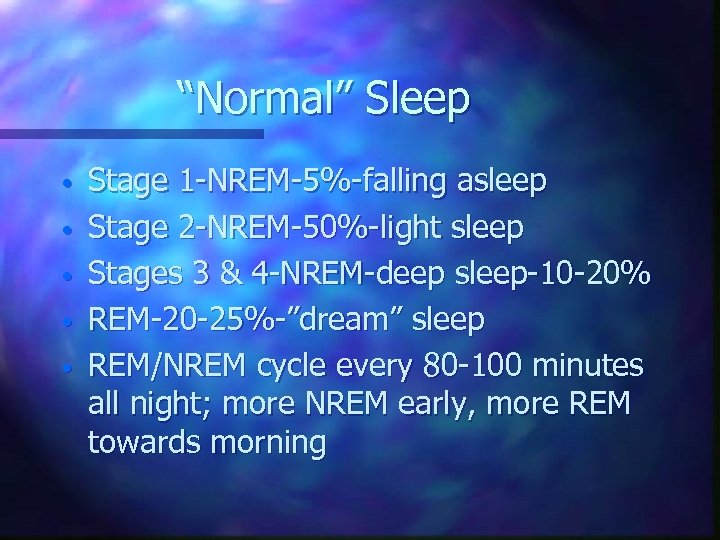 “Normal” Sleep • • • Stage 1 -NREM-5%-falling asleep Stage 2 -NREM-50%-light sleep Stages