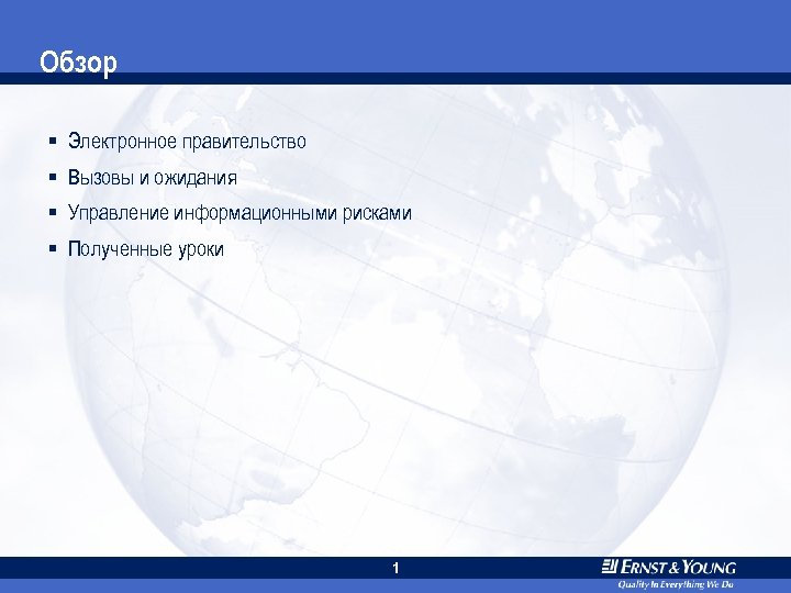 Обзор § Электронное правительство § Вызовы и ожидания § Управление информационными рисками § Полученные