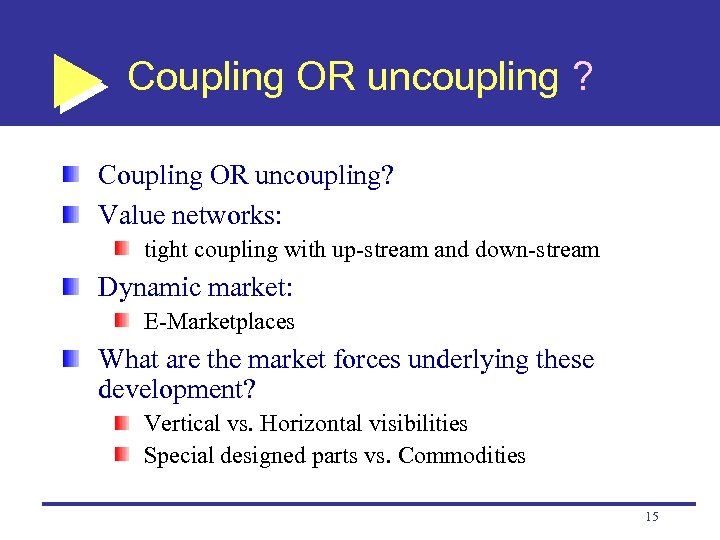 Coupling OR uncoupling ? Coupling OR uncoupling? Value networks: tight coupling with up-stream and