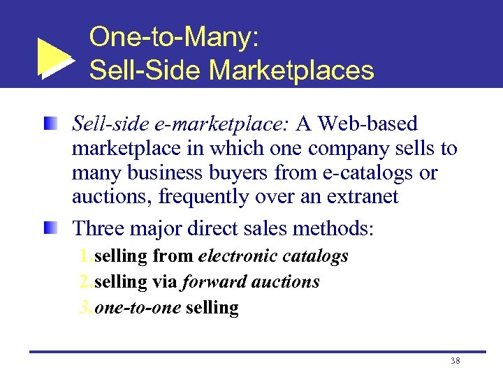 One-to-Many: Sell-Side Marketplaces Sell-side e-marketplace: A Web-based marketplace in which one company sells to