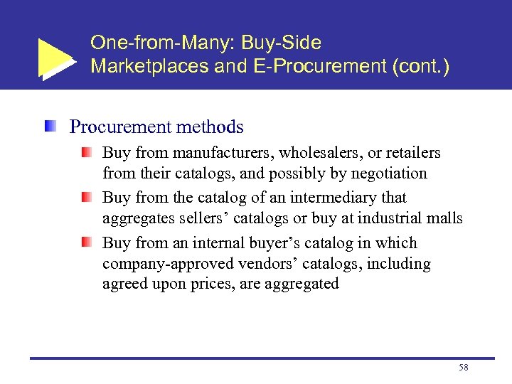 One-from-Many: Buy-Side Marketplaces and E-Procurement (cont. ) Procurement methods Buy from manufacturers, wholesalers, or