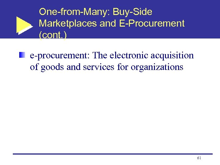 One-from-Many: Buy-Side Marketplaces and E-Procurement (cont. ) e-procurement: The electronic acquisition of goods and
