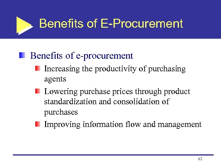 Benefits of E-Procurement Benefits of e-procurement Increasing the productivity of purchasing agents Lowering purchase