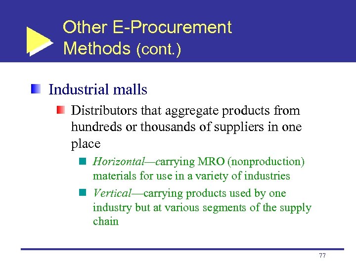 Other E-Procurement Methods (cont. ) Industrial malls Distributors that aggregate products from hundreds or