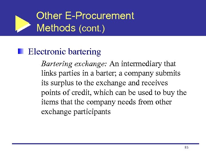 Other E-Procurement Methods (cont. ) Electronic bartering Bartering exchange: An intermediary that links parties