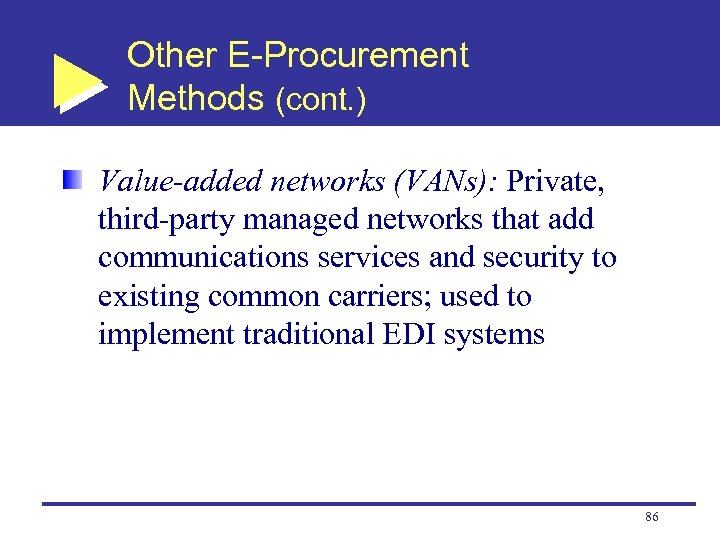 Other E-Procurement Methods (cont. ) Value-added networks (VANs): Private, third-party managed networks that add