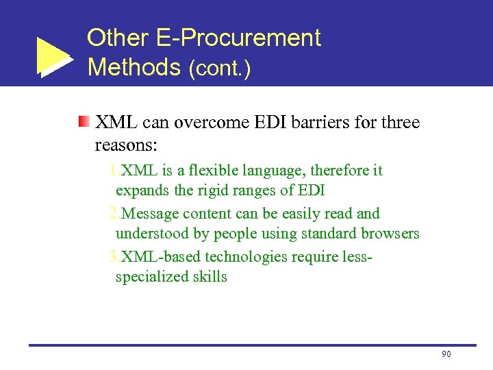 Other E-Procurement Methods (cont. ) XML can overcome EDI barriers for three reasons: 1.