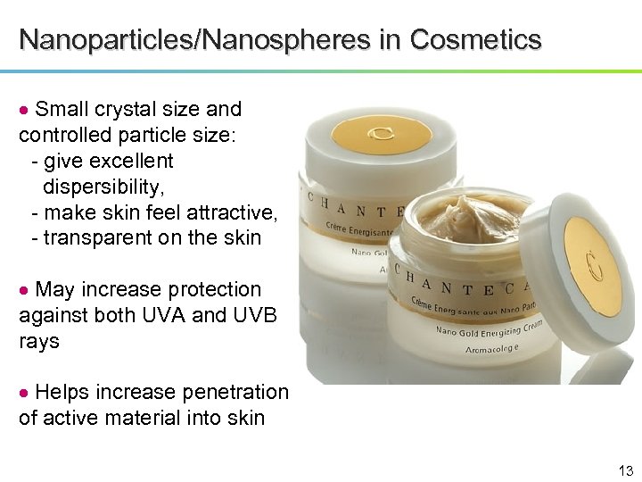 Nanoparticles/Nanospheres in Cosmetics Small crystal size and controlled particle size: - give excellent dispersibility,