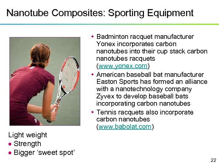 Nanotube Composites: Sporting Equipment • Badminton racquet manufacturer Yonex incorporates carbon nanotubes into their