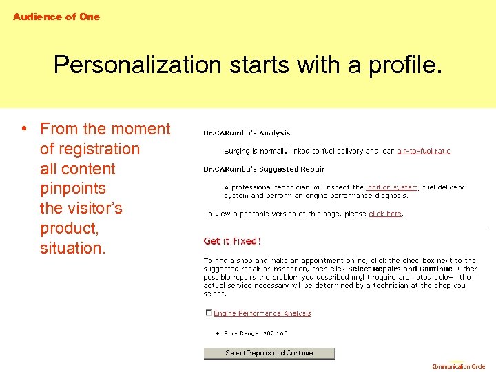 Audience of One Personalization starts with a profile. • From the moment of registration