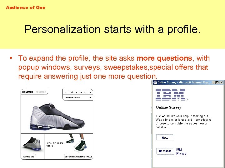 Audience of One Personalization starts with a profile. • To expand the profile, the