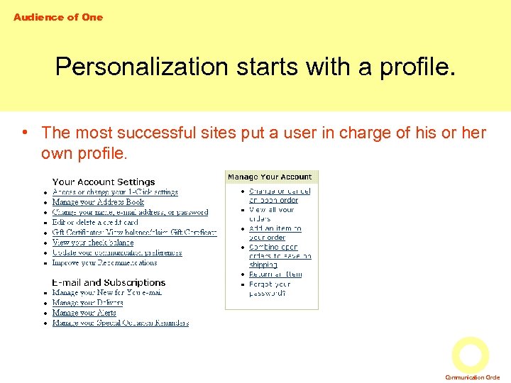 Audience of One Personalization starts with a profile. • The most successful sites put