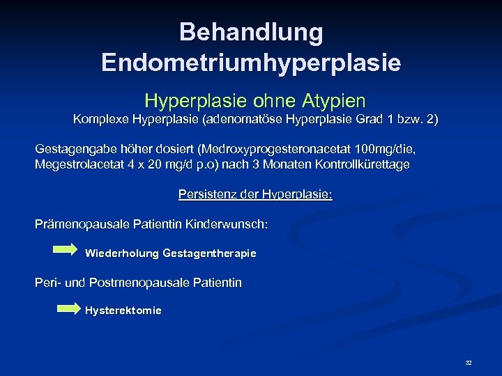 Behandlung Endometriumhyperplasie Hyperplasie ohne Atypien Komplexe Hyperplasie (adenomatöse Hyperplasie Grad 1 bzw. 2) Gestagengabe