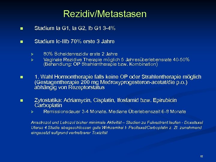 Rezidiv/Metastasen n Stadium Ia G 1, Ia G 2, Ib G 1 3 -4%