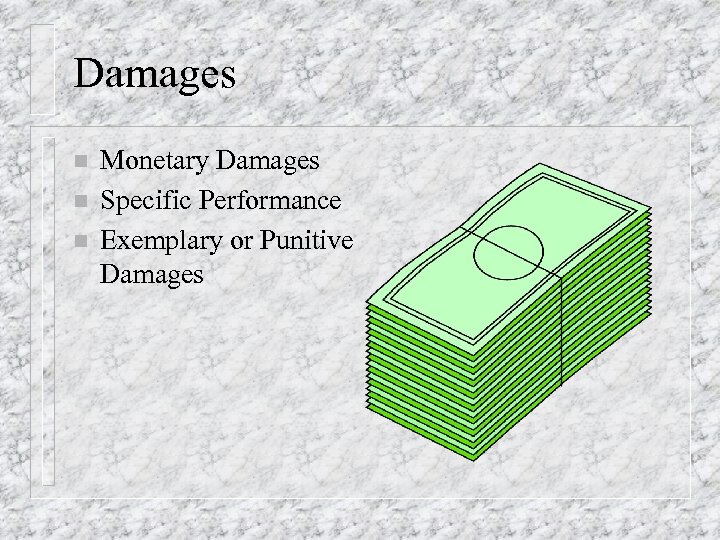 Damages n n n Monetary Damages Specific Performance Exemplary or Punitive Damages 