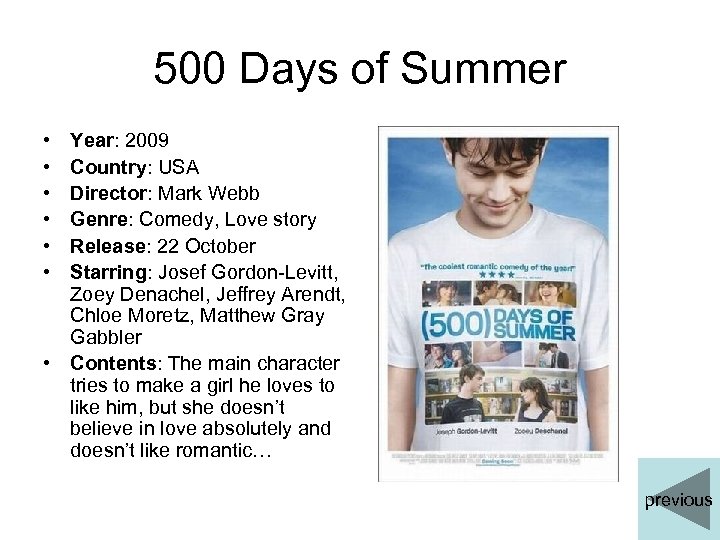 500 Days of Summer • • • Year: 2009 Country: USA Director: Mark Webb