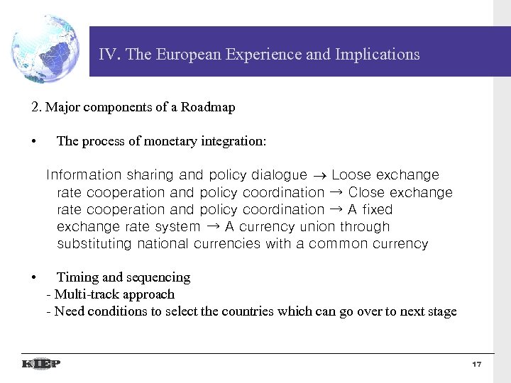 IV. The European Experience and Implications 2. Major components of a Roadmap • The