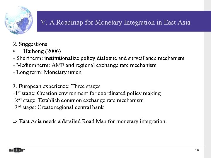 V. A Roadmap for Monetary Integration in East Asia 2. Suggestions • Haihong (2006)