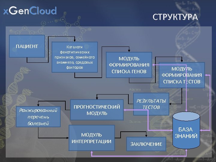 x. Gen. Cloud ПАЦИЕНТ СТРУКТУРА Каталоги фенотипических признаков, семейного анамнеза, средовых факторов Ранжированный перечень