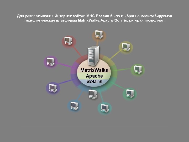 Для развертывания Интернет-сайтов МНС России была выбранна масштабируемая технологическая платформа Matrix. Walks/Apache/Solaris, которая позволяет: