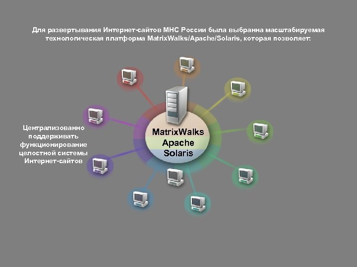 Для развертывания Интернет-сайтов МНС России была выбранна масштабируемая технологическая платформа Matrix. Walks/Apache/Solaris, которая позволяет: