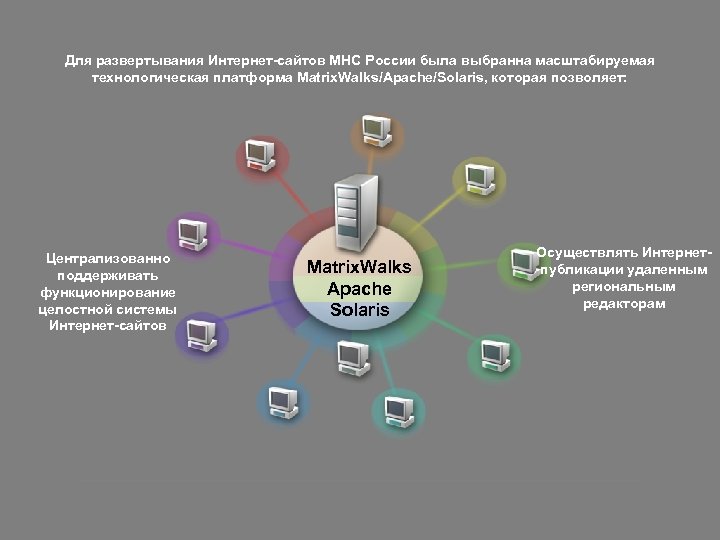 Для развертывания Интернет-сайтов МНС России была выбранна масштабируемая технологическая платформа Matrix. Walks/Apache/Solaris, которая позволяет: